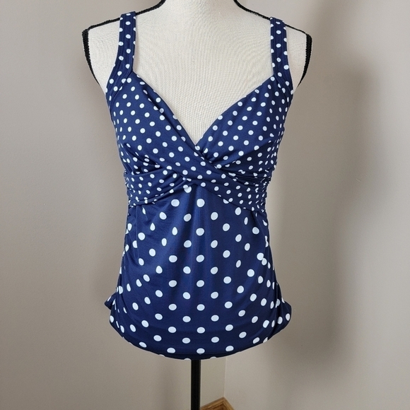 Lands' End Deep Sea Polka Dot V-Neck Wrap Underwire Tankini Swim Top Sz 8 - Picture 2 of 16